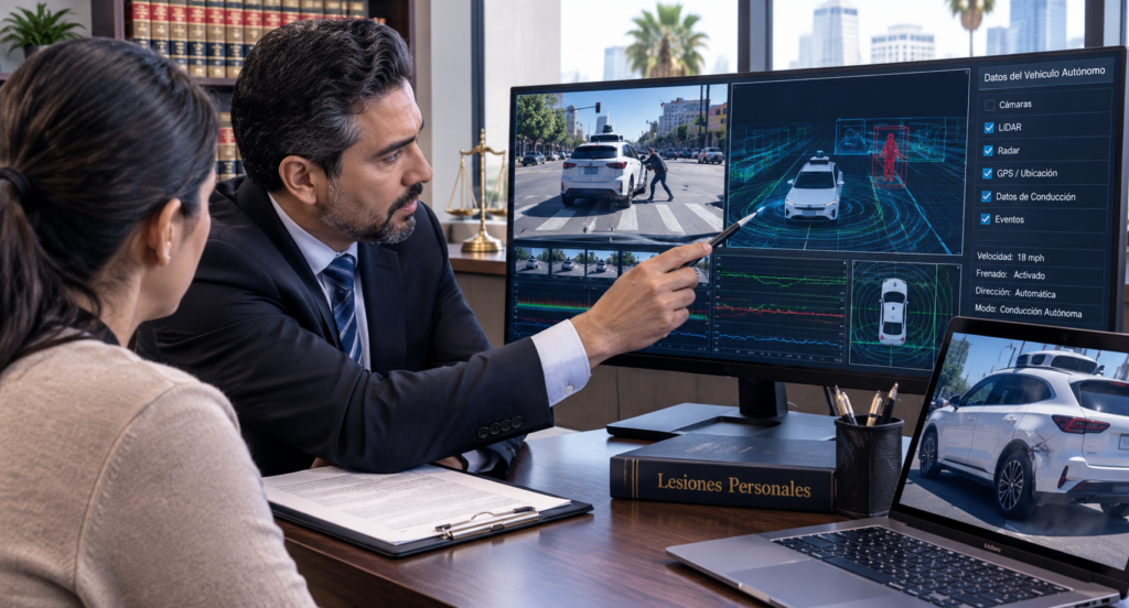 Abogado analizando datos de sensores y cámaras tras accidente con vehículo autónomo