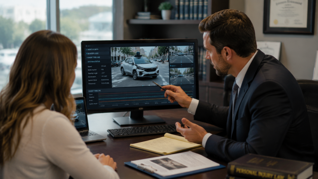 Abogado analizando evidencia digital de accidente con robotaxi
