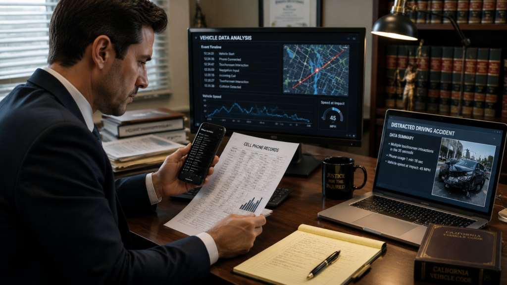 Abogado revisando evidencia de accidente por distraccion al conducir