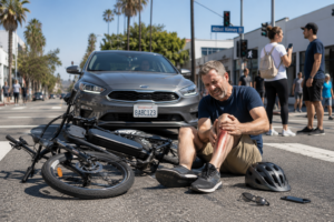 Accidente de bicicleta eléctrica con peatón en calle urbana de California