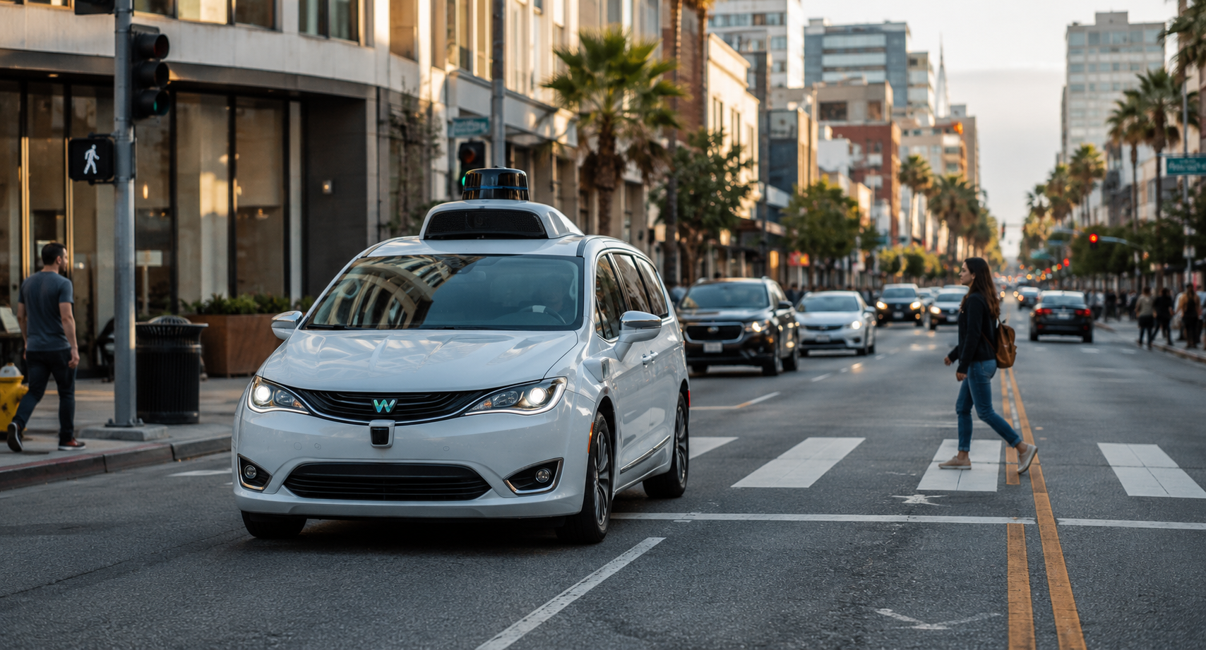 Robotaxi autónomo circulando en una avenida urbana compartida con peatones y autos