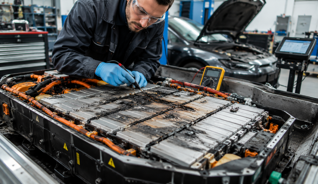 Inspección de batería de litio dañada en vehículo eléctrico