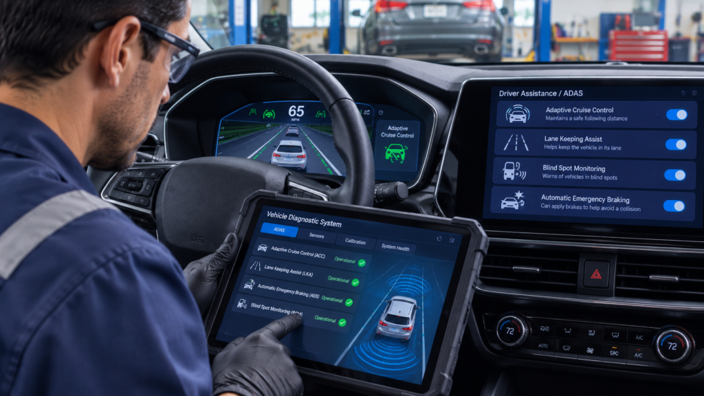 Inspección de sistema ADAS de vehículo moderno después de accidente