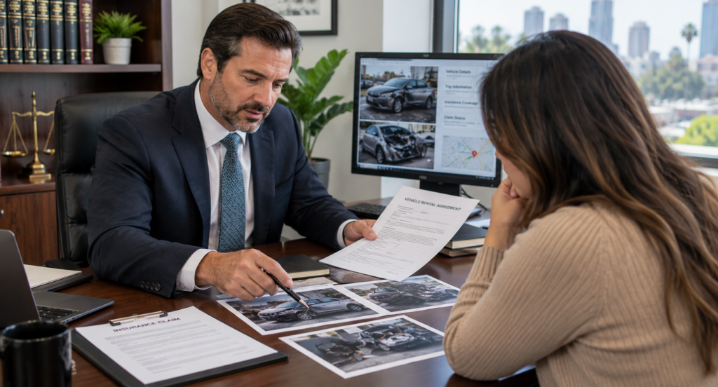 Abogado revisando documentos de accidente de vehículo compartido