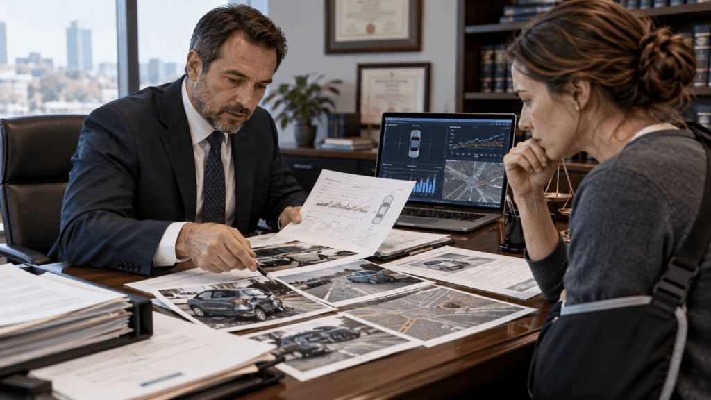 Abogado revisando datos de accidente con camión autónomo